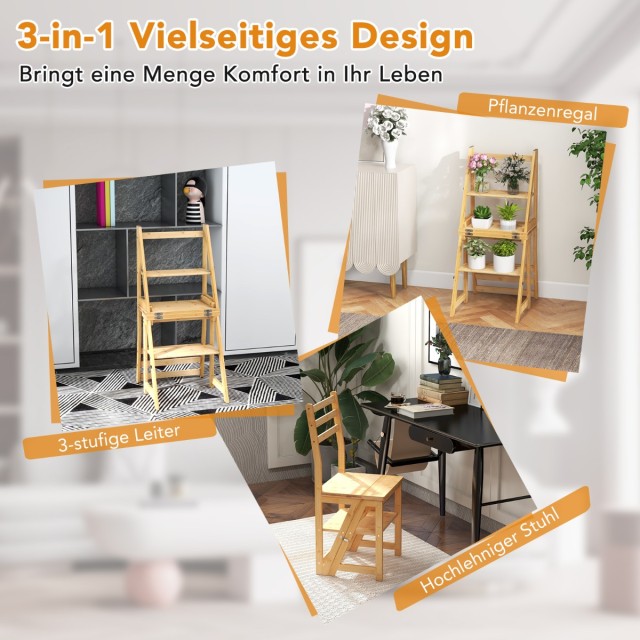 Costway Πολυλειτουργικό Σκαμπό & Καρέκλα & Ράφι Φυτών από Μπαμπού 3...