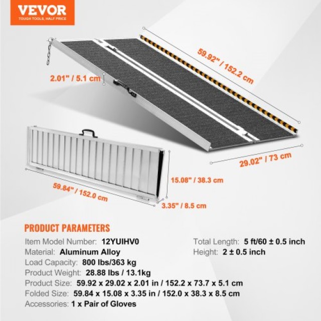 Φορητή Ράμπα Αναπηρικού Αμαξιδίου VEVOR, 5 ft, 800 lbs, Αλουμινίου, Αναδιπλούμενη, Αντιολισθητική  ZDKMJPD60YC12YUIHV0
