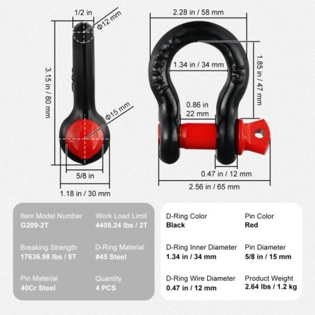 VEVOR Σετ 4 Δακτυλίων D 1/2 με Πείρο 5/8 Αντοχή 17637 lbs  JPXKHSHJG12YSLGW9V0
