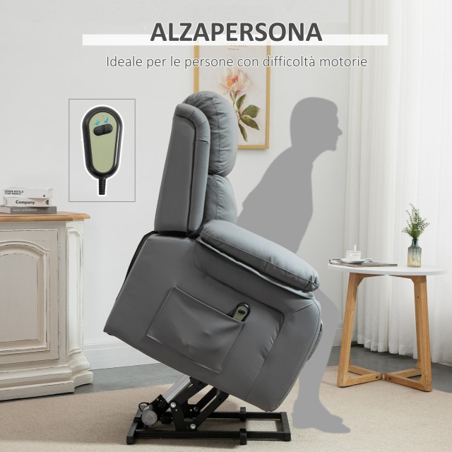 HOMCOM Electric Relax Πολυθρόνα και Ανυψωτικό Ανακλινόμενο έως 160° με Τηλεχειριστήριο, σε Faux Leather - Γκρι 713-092V90GY