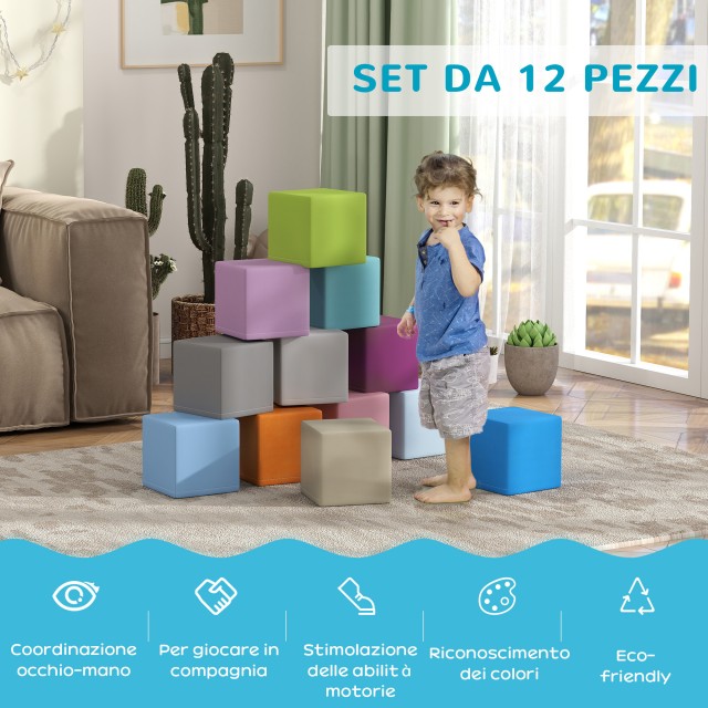 HOMCOM Σετ 12 Μαλακά Παιδικά Κυβάκια για Παιδιά 12-36 Μηνών από PU και EPE, 20x20x20cm, Πολύχρωμα 3D0-003V02MX