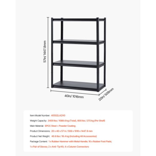 VEVOR Ράφια Αποθήκευσης 4 Επιπέδων 20 Β x 40 Π x 57 Υ για Γκαράζ JSBSXHJ20405S2LA2V0