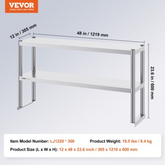 Διπλό Ράφι VEVOR Ανοξείδωτο 2 Επιπέδων 12x48 για Τραπέζι Προετοιμασ...