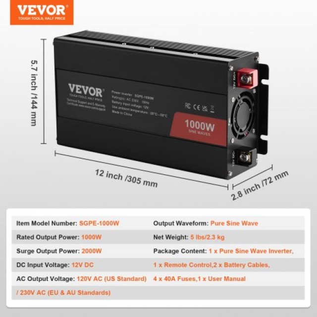 VEVOR Καθαρός Ημιτονοειδής Μετατροπέας 1000W DC12V σε AC230V με Τηλ...
