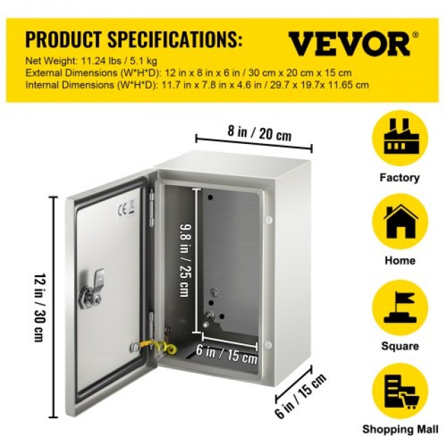 VEVOR  Ατσάλινο Κουτί NEMA 4X 12x8x6, IP66 Αδιάβροχο & Ανθεκτικό στη Σκόνη, με Πλάκα Στήριξης DQXJSTCFS30X20X15V0
