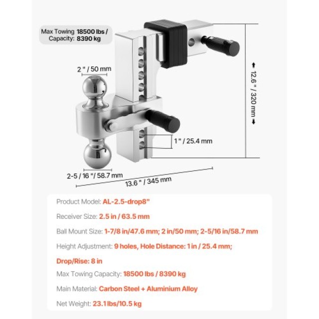 VEVOR Ρυθμιζόμενος Κοτσαδόρος 2.5 8 Tri-Ball 18500 lbs SQTQJTCB25IN...