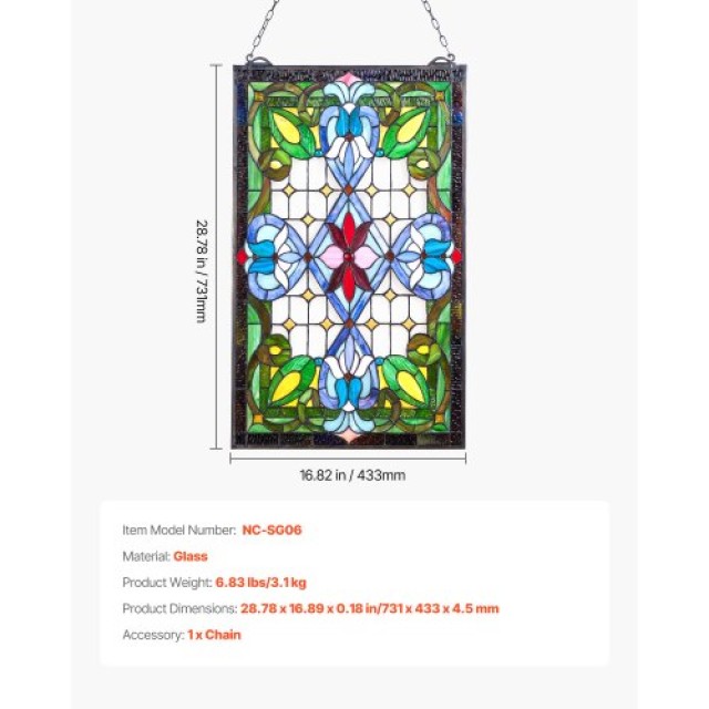 VEVOR Τζάμι Βιτρό Tiffany με Αλυσίδα 43 x 74 εκ. ZXFXCSBLBZXFFOWZR0...