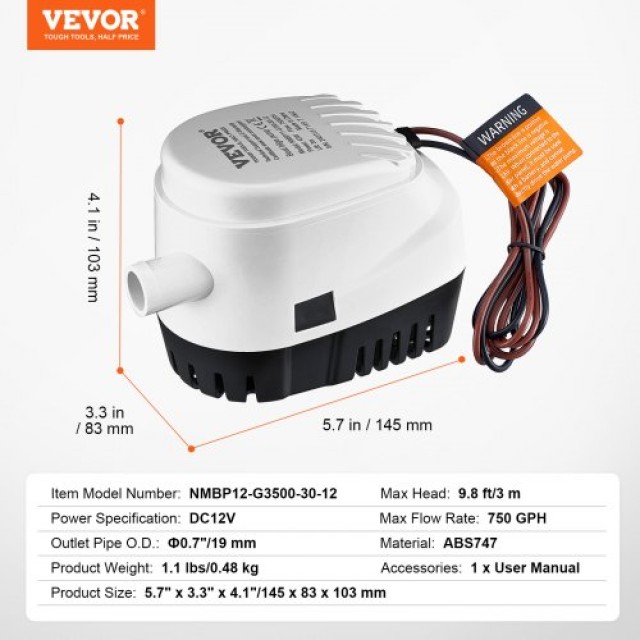 Αντλία Σεντίνας VEVOR 750GPH 12V Αυτόματη Υποβρύχια με Φλοτέρ  CDB750GPH0001RKX6V9