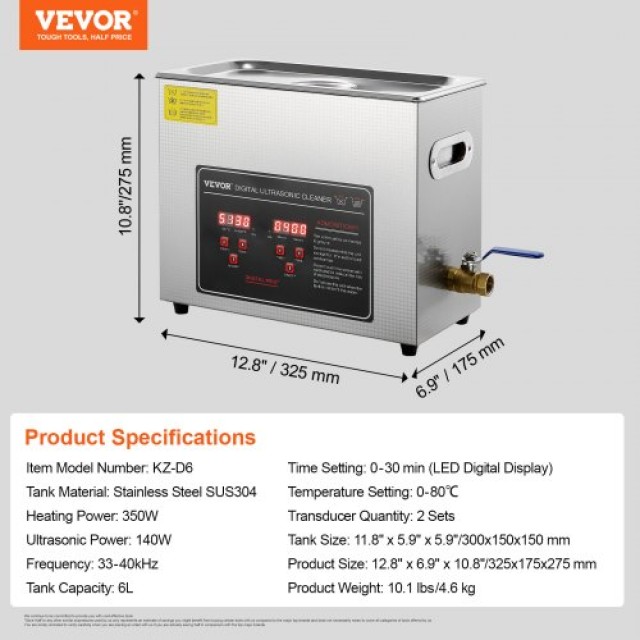 Καθαριστής Υπερήχων VEVOR 6L με Ψηφιακό Χρονοδιακόπτη & Θερμαντήρα ...