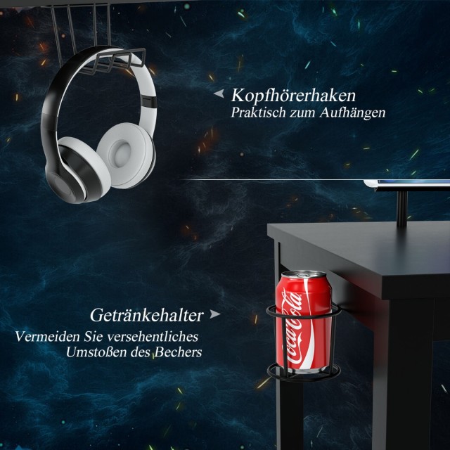 Επαγγελματικό Γραφείο Gaming με Εργονομική Ανύψωση Οθόνης και Πολλαπλές Λειτουργίες 155 x 60 x 94 Μαύρο HW63510 Costway