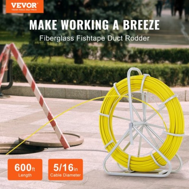 VEVOR Ταινία Ψαρέματος Fiberglass, 600 ft, 5/16 in, Διάδρομος Καλωδίων με Βάση, 3 Κεφαλές, Μη-Αγωγική  DZJYD516600FTVVWSV0