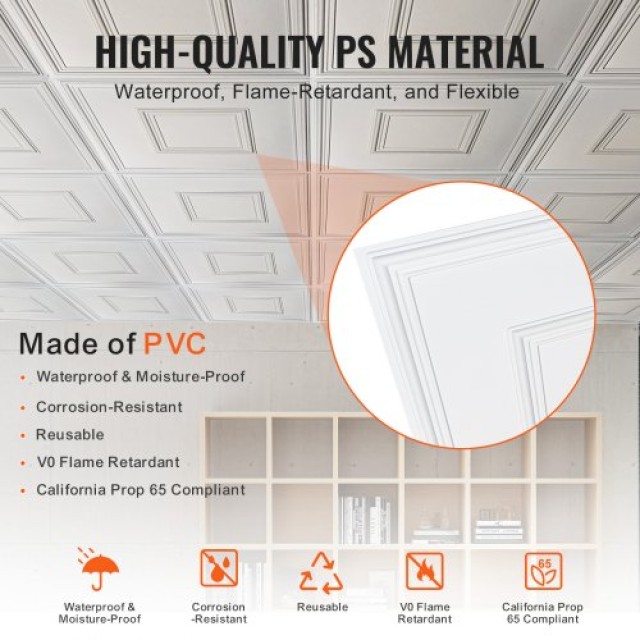 VEVOR Πλακάκια Οροφής 12τμχ 24x24in PVC Εύκολη Εγκατάσταση Λευκά Γε...
