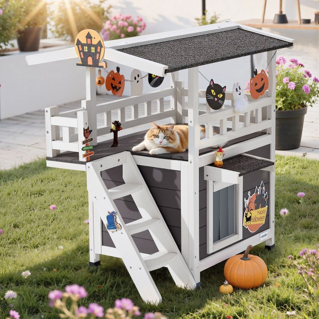 VEVOR Διώροφη Ξύλινη Γατοκαταφύγιο με Σκάλες & Μπαλκόνι, 76 x 56 x ...