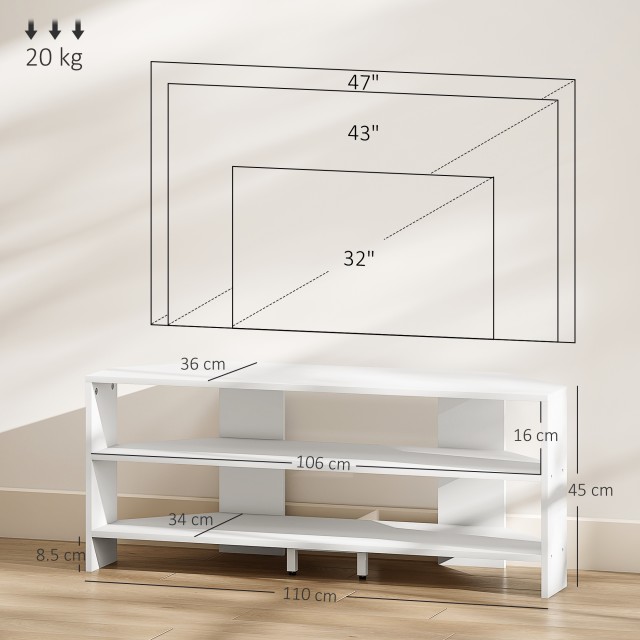 HOMCOM Γωνιακή Βάση Τηλεόρασης 110x36x45 cm με 2 Ανοιχτά Ράφια, Λευ...