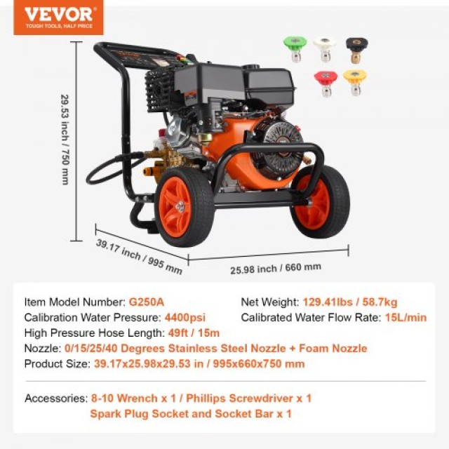 VEVOR  Πλυστικό Μηχάνημα Υψηλής Πίεσης 4400 PSI 15L/min 2.6 GPM με 5 Ακροφύσια για Αυτοκίνητα RYGYQXJTBWS1AUHIYV0