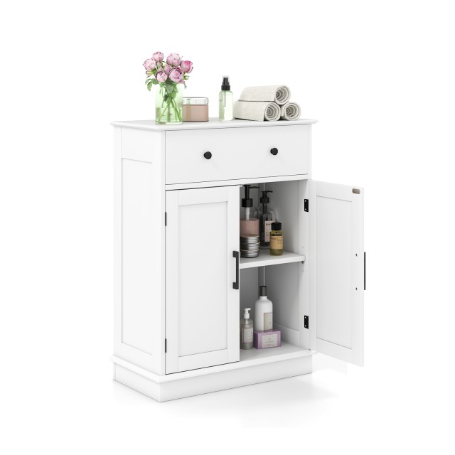 Costway Λευκός Ξύλινος Μπάνιου 56x30x80cm με Συρτάρι & Ρυθμιζόμενο ...