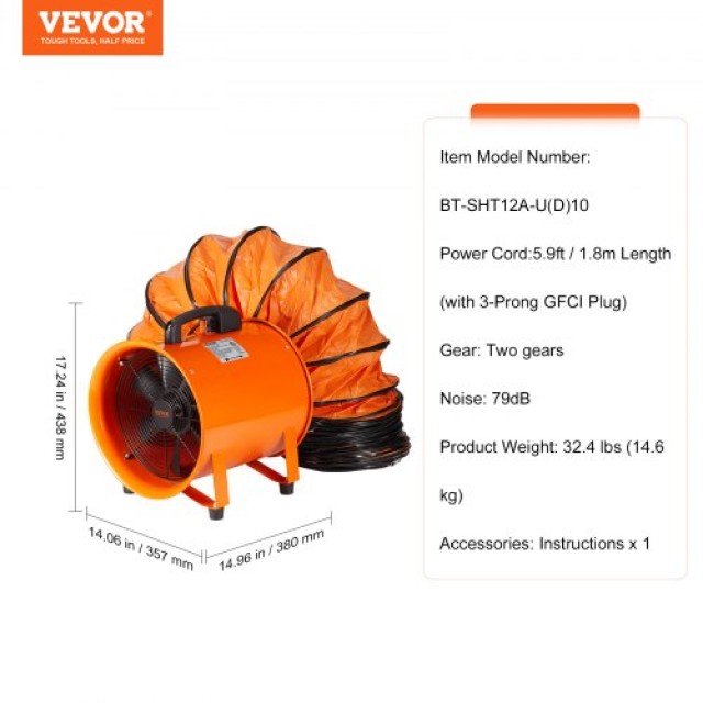 Φορητός Ανεμιστήρας VEVOR 304.8mm με Σωλήνα 10m, 365W, 2574CFM  SSG350W1012INHX6UV2