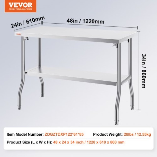Πτυσσόμενο Επαγγελματικό Τραπέζι VEVOR 48x24, Ανοξείδωτο Ατσάλι, 772 lbs Φορτίο  CFGZT48X24YC00001V0
