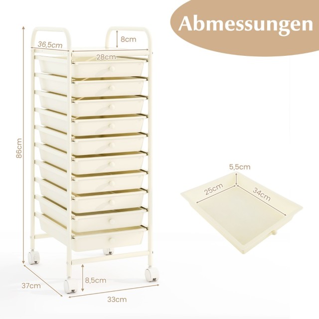Costway Τροχήλατο Ντουλάπι με 10 Συρτάρια 33 x 37 x 86 cm Λευκό HW52045WH