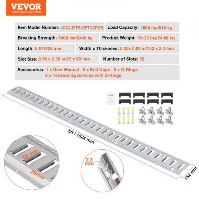Σετ Δεσίματος VEVOR E Track, 34 τεμ. 5FT Rails & Αξεσουάρ Ασφάλισης για Φορτία, Μοτοσυκλέτες & Ποδήλατα  YSDXE5FT32PCSRMMSV0
