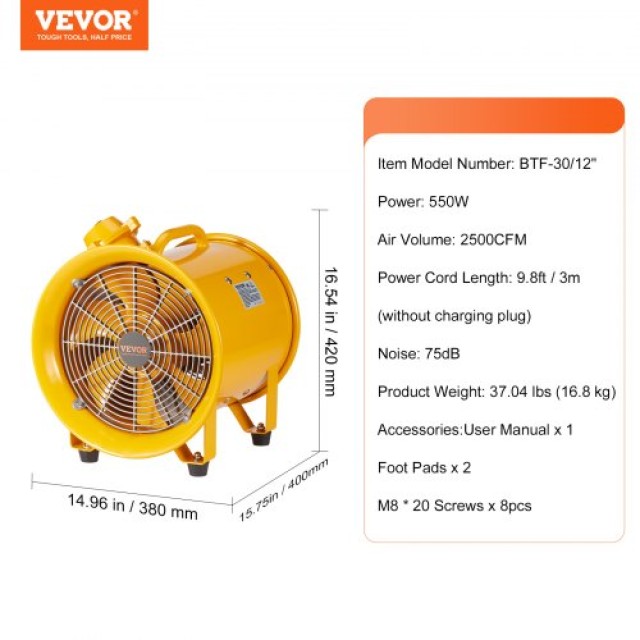 VEVOR Φορητός Εξαεριστήρας 304.8mm με Καλώδιο 3m Βιομηχανικός  FBGSZ550W12INQAWHV2