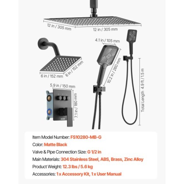 VEVOR Σετ Βρύσης Ντους, Σύστημα Βροχής Οροφής 305 mm με Κεφαλή 152 ... VEVOR Σετ Βρύσης Ντους, Σύστημα Βροχής Οροφής 305 mm με Κεφαλή 152 ...