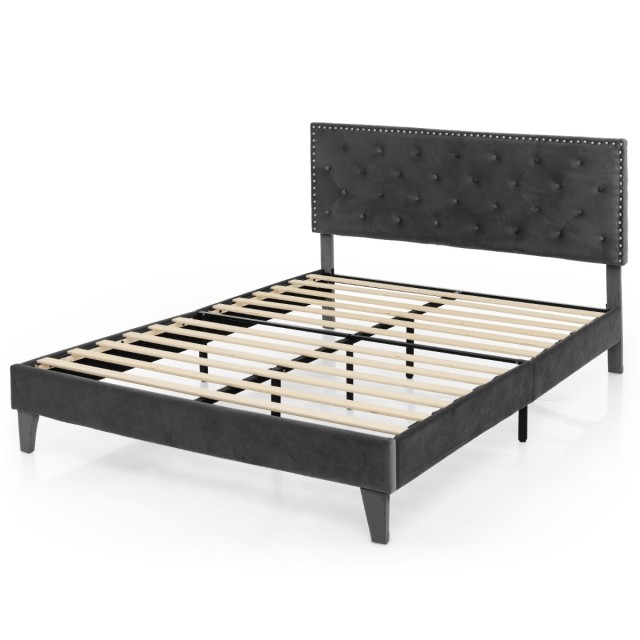 Costway Γκρι Υφασμάτινο Διπλό Κρεβάτι 200x180 cm με Σκελετό και Κεφ...