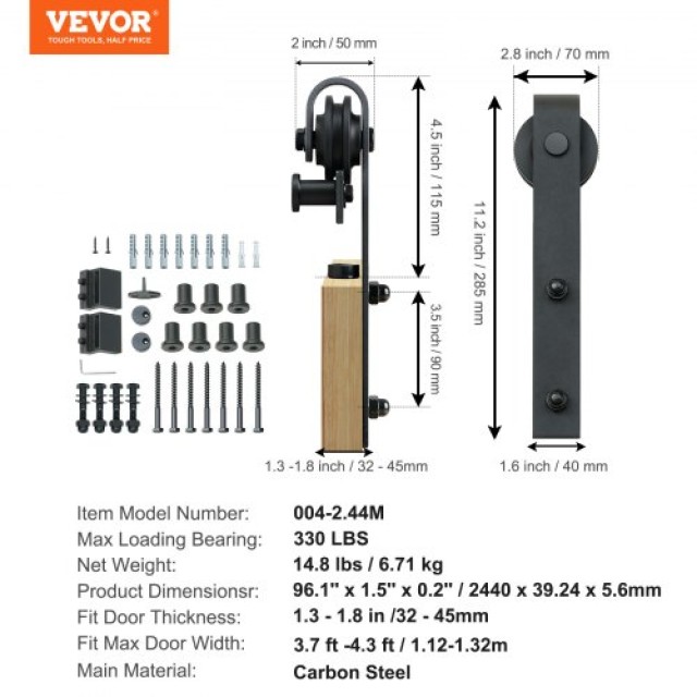 Σετ Συρόμενης Πόρτας VEVOR 8FT, Αντοχή 330LBS, για Πόρτα 3.7-4.3FT και Πάχος 1.3-1.8, Αθόρυβη Τροχαλία (Σχήμα J)  GCYMWJTJHS8FCZEIRV0