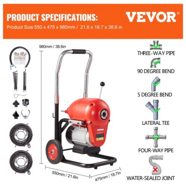 VEVOR Μηχάνημα Καθαρισμού Αποχέτευσης 120FT x 6/5 1100W Ελικοειδής Οδηγός Χειροκίνητης Τροφοδοσίας  ZXFDSGDSTJ11UUQWMV2