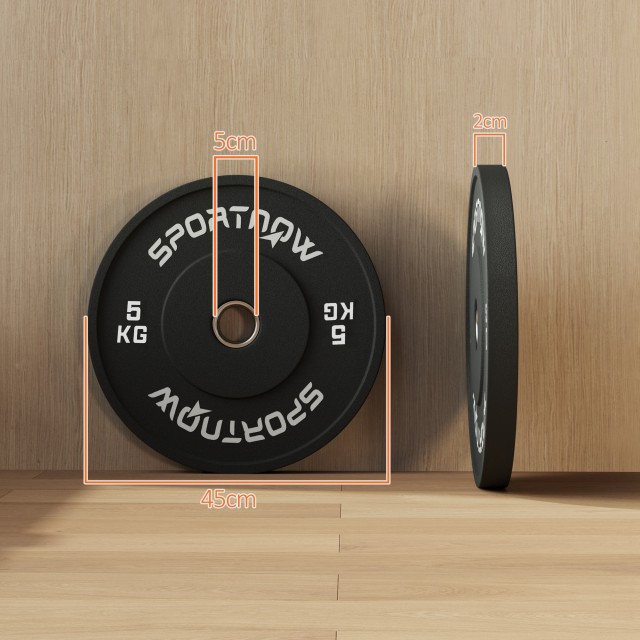 SPORTNOW  Σετ 2 Δίσκοι Βάρους 5kg από Καουτσούκ με Τρύπα 2/5 cm για Μπάρες και Μονόζυγα, Μαύρο  A91-374V01BK