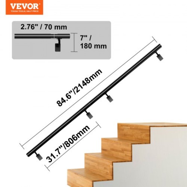 VEVOR Κουπαστή Σκάλας 7 ft, Εσωτερική/Εξωτερική Χρήση, Αλουμίνιο, 440 LBS, με Κιτ Εγκατάστασης  SNLZYXL7FT5CM62YLV0