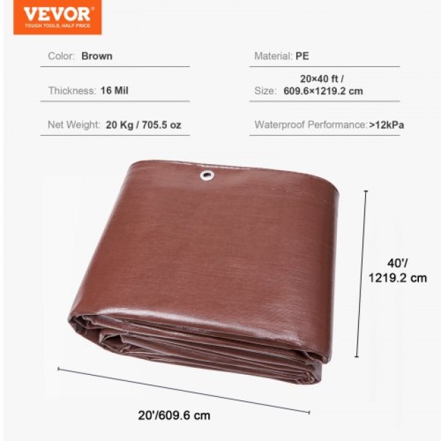 VEVOR Τέντα 20x40 ft 16 Mil, Αδιάβροχη Πολυπροπυλενίου με Θηλιές & ...