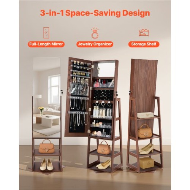 VEVOR Περιστρεφόμενο Ντουλάπι Κοσμημάτων 360°, Με Ολόσωμο Καθρέφτη ...