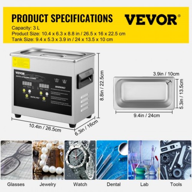 VEVOR 3L Ψηφιακός Υπερηχητικός Καθαριστής με Θερμαντήρα και Χρονοδι...