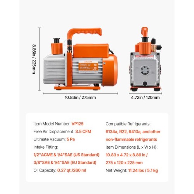 VEVOR Αντλία Κενού 3.5 CFM HVAC Μονοβάθμια Περιστροφική Πτερωτή με Συμπεριλαμβανόμενο Λάδι ZKBLJDJ14HP3PN8VEV2
