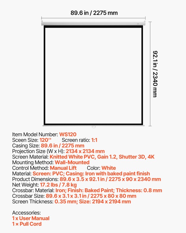 VEVOR Χειροκίνητη Οθόνη Προβολής 3048 mm 4K HD με Ανάκληση - Έυκολη...