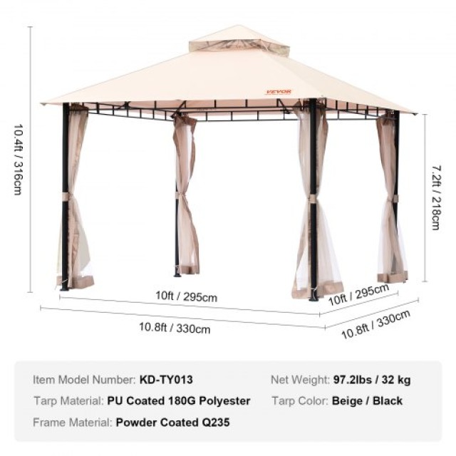 VEVOR Κιόσκι Πάτιο 10x10 FT με Κουνουπιέρα και Μεταλλικό Σκελετό για 6-8 Άτομα  TYLTZZ10X10FTV427V0