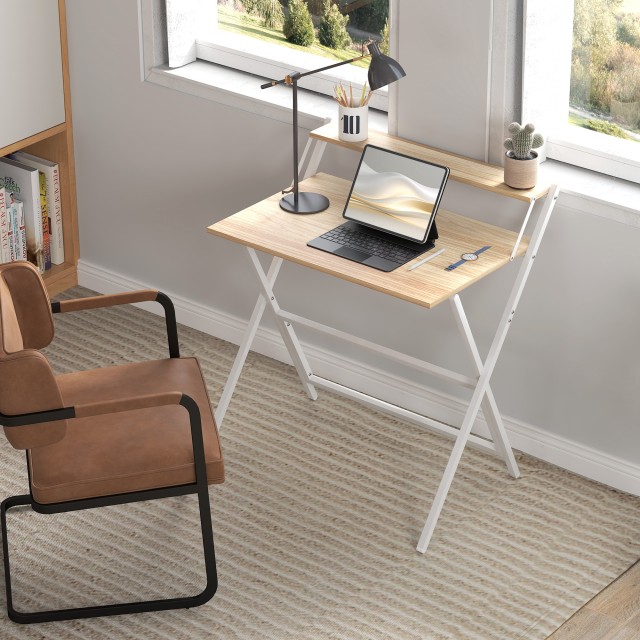 HOMCOM Πτυσσόμενο Γραφείο με Ράφι για Οθόνη, 81.5x62x86.5 εκ., Ξύλο και Λευκό 836-607V81ND
