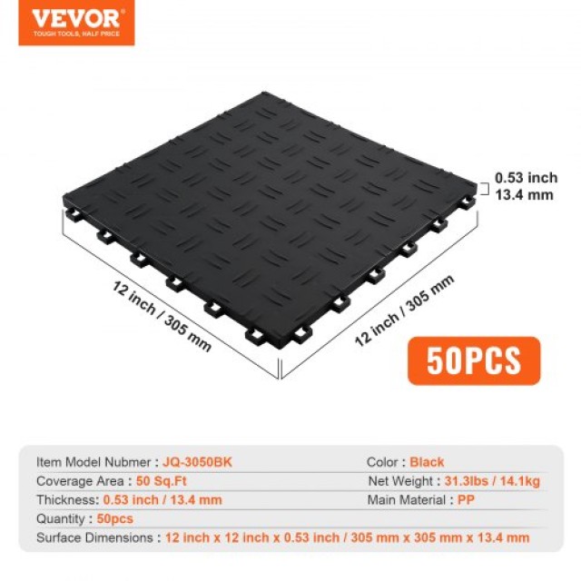 Πλακάκια Γκαράζ VEVOR, 12x12x0.53 ιντσών, Σετ 50, Αντιολισθητικά, Μαύρα  CKDDHSJ501212XQF0V0
