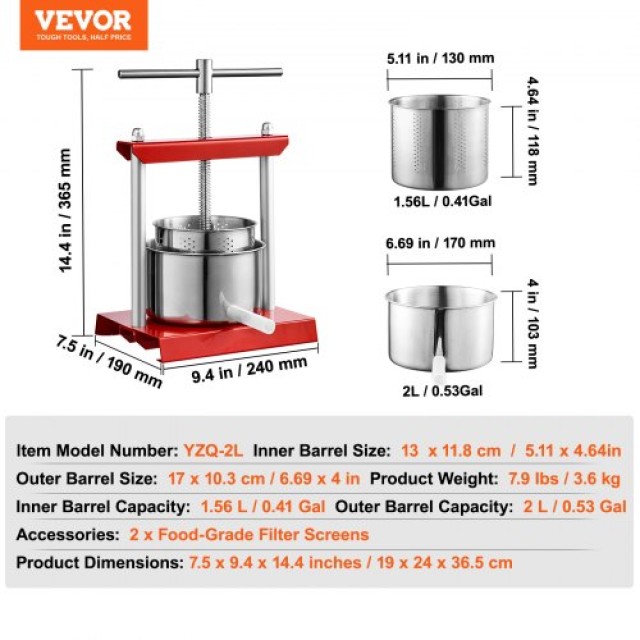 Πρέσα Φρούτων VEVOR 2L, Χειροκίνητη για Χυμούς & Έλαια  TSGJYZJBX2LT2FT0EV0