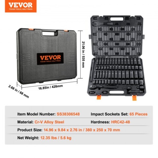 Σετ Καρυδάκια VEVOR 1/2 65 Τεμ. SAE & Μetric 6 Πόντων με Θήκη  CJT12SAECRV65DDRDV0