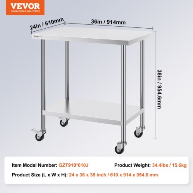 Τραπέζι Εργασίας Ανοξείδωτο VEVOR 24x36 με Ρόδες  CFBXGGZTLCDJ3O0M6V0