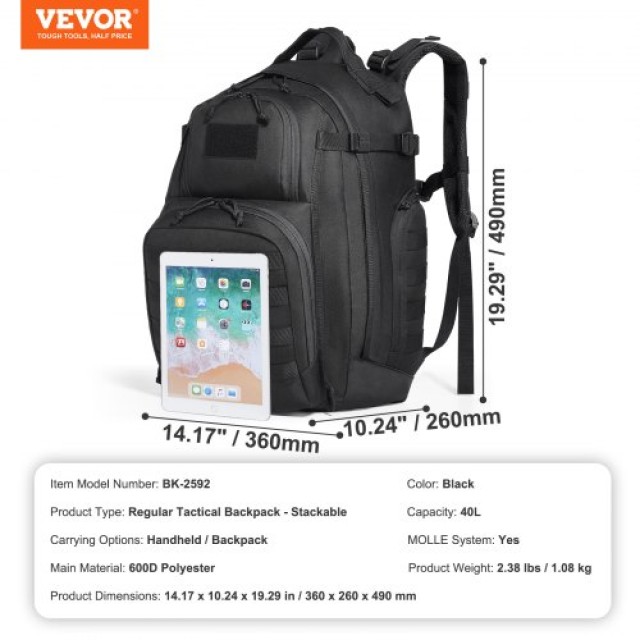 VEVOR  Στρατιωτικό Σακίδιο 40L με Molle & Σφουγγαράκι Μαύρο  ZSBBCDSHS40LC7V25V0