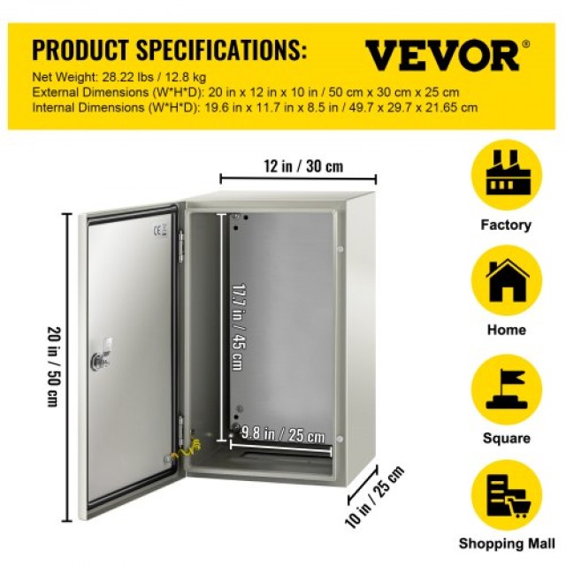 VEVOR NEMA Χαλύβδινο Κουτί 20x12x10 NEMA 4X, IP66 Αδιάβροχο & Ανθεκτικό στη Σκόνη, Ηλεκτρικό Κουτί Εξωτερικού/Εσωτερικού Χώρου, με Πλάκα Στήριξης  DQXJSTCFS50X30X25V0