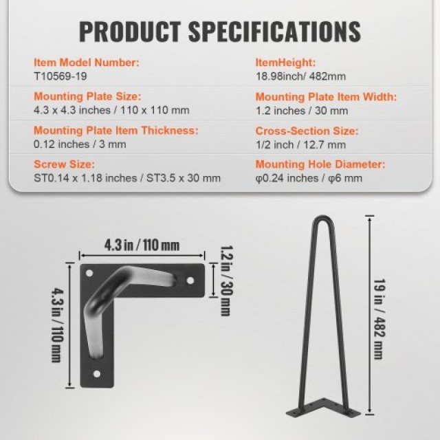 VEVOR  Μεταλλικά Πόδια Επίπλων Hairpin, 4τμχ, 226.8KG, Προστατευτικά Δαπέδου, Μοντέρνα και Ανθεκτικά FJ2GZT19YC12MHTR0V0