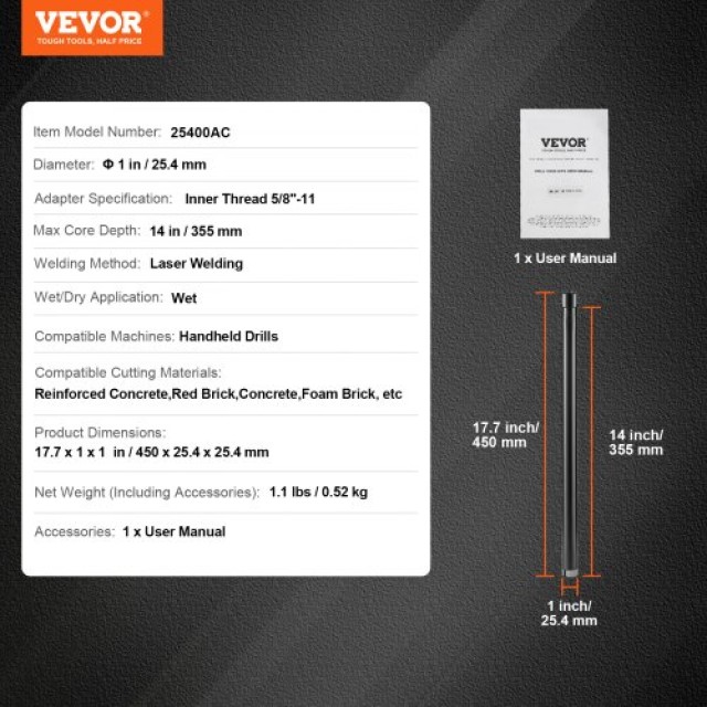 VEVOR Διαμαντοκορώνα 1 για Υγρή Διάτρηση Σκυροδέματος  JGSQXZTSS25MTGV1CV0