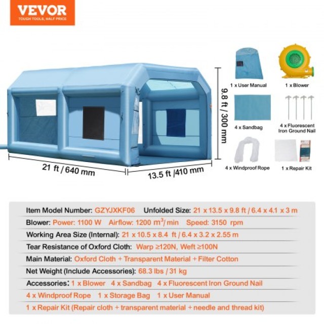 Φουσκωτό Θάλαμο Βαφής VEVOR, 21 x 13.5 x 9.8 ft, με Ισχυρό Φυσητήρα 1100W και Σύστημα Φίλτρου Αέρα  CQSPQFLSKCGLKXHNXV2