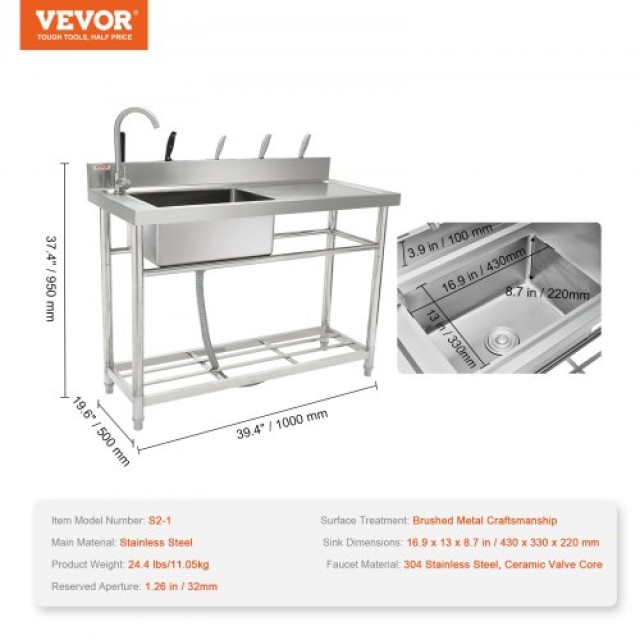 VEVOR Νεροχύτης Ανοξείδωτος με 1 Θέση & Πάγκο, 100x49x95 εκ. για Γκαράζ, Εστιατόριο, Πλυντήριο, NSF Πιστοποίηση  DSCDGZTZDC394FO0XV0