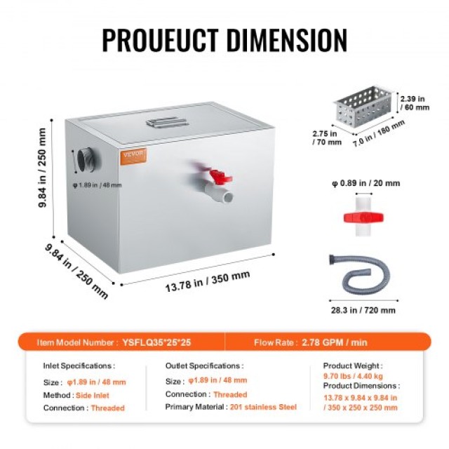 Διαχωριστής Λίπους VEVOR 8 LBS, Ανοξείδωτος, 2.8 GPM, για Εστιατόρι...