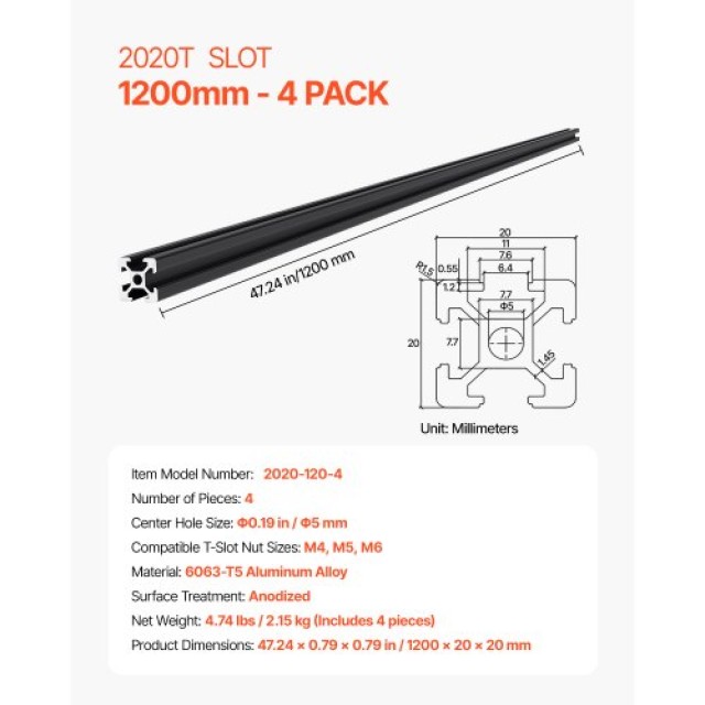 VEVOR 4PCS 1200mm T Slot 2020 Ανοδιωμένη Γραμμική Ράγα Αλουμινίου 2020OBLXC4JZ2RFAO001V0